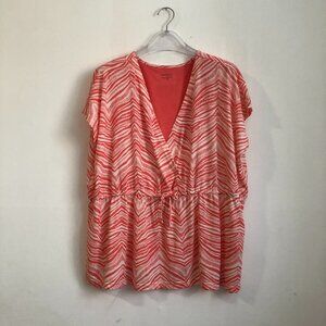 Jaclyn Smith Orange White wavy print faux wrap v neck front tie blouse 2X
